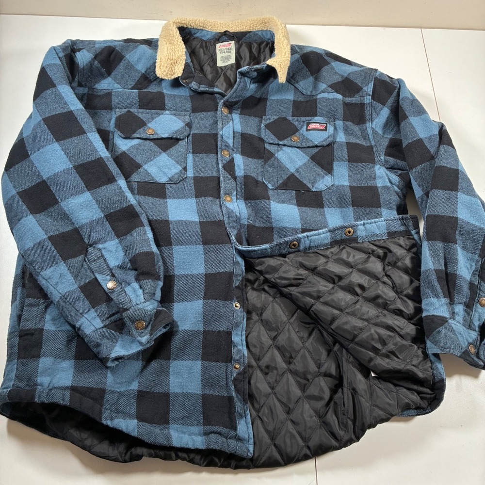 Dickies Shirt Jacket 3XL Blue Buffalo Plaid Sherpa Collar Quilted Shacket